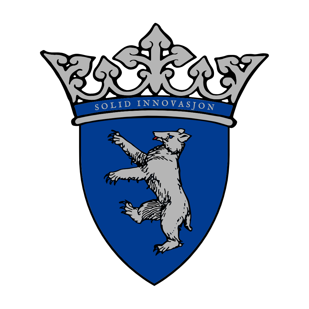 Logo of Solid Innovasjon, featuring a heraldic blue shield with a gray bear standing upright and a silver crown above.